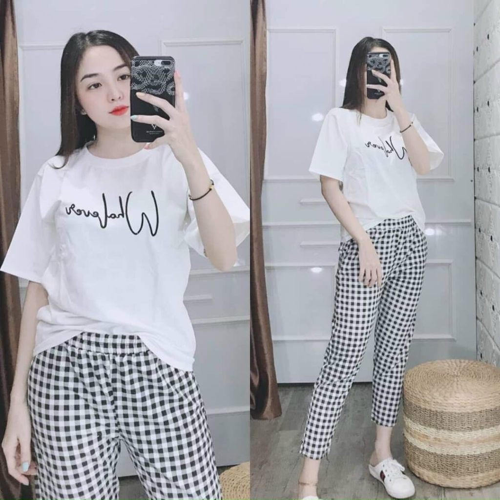 Đồ bộ nữ đồ mặc nhà Bigsize thun cotton chữ thêu quần dài carô co giãn Sét đồ bộ nữ dễ thương trung niên ESHOP DB05