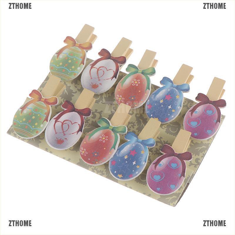 ZTHOME 10pcs Lovely Easter Eggs Shaped Wooden Pegs Photo Clips Note Memo Card Holder