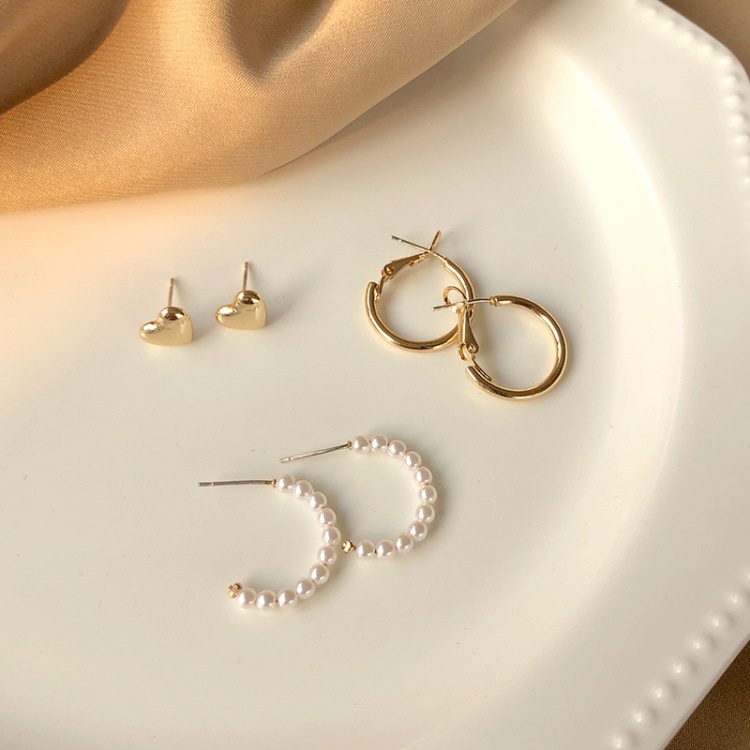 Set 3 Đôi Bông Tai Mạ Bạc 925 Hình Trái Tim Đơn Giản