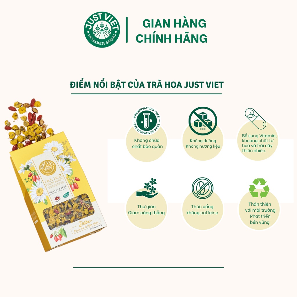 Trà Hoa Thiên Nhiên Detox Just Viet - Hoa Cúc &amp; Kỷ Tử - Thanh Lọc, Tốt Cho Sức Khỏe - Túi 20g