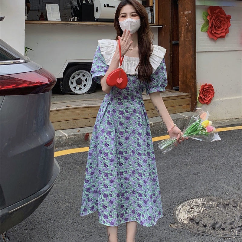 Đầm Hoa Cổ Vuông Tay Phồng Thời Trang Mùa Hè Pháp Kiểu Mới 2022