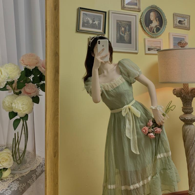 Đầm Công Chúa Dáng Dài Cổ Vuông Màu Xanh Lá Thời Trang Mùa Hè Hàng Mới Dành Cho Bạn Nữ
