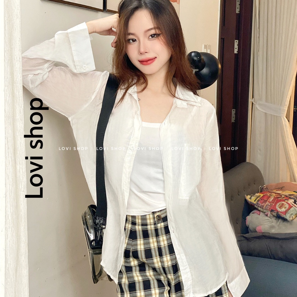 Áo sơ mi trơn tay dài một túi nhiều màu phong cách Hàn Quốc LOVI
