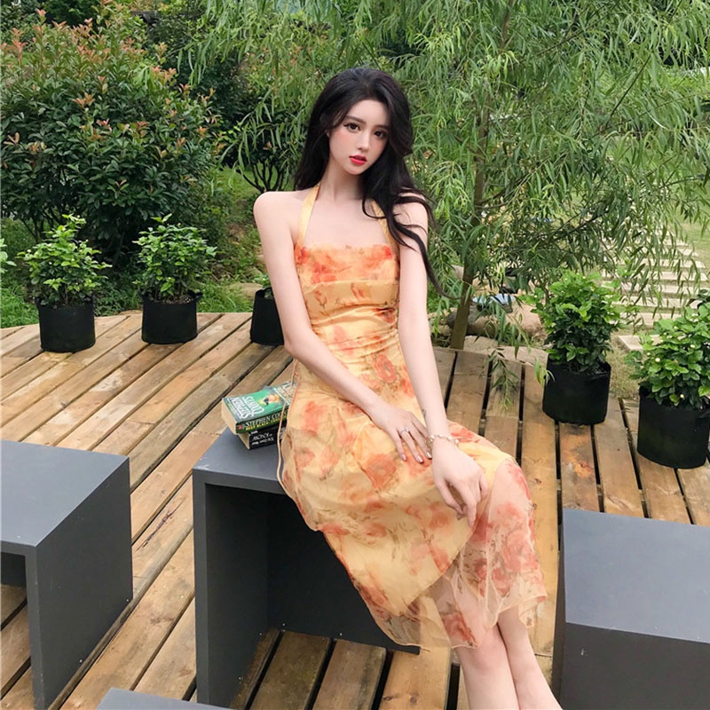 IELGY IELGY Đầm Voan Hai Dây In Hoa Phong Cách Pháp Cổ Điển Thời Trang Cho Nữ