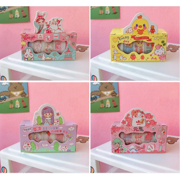 Hộp Washi Tape combo 5 Cuộn băng dính giấy Băng Keo Sticker Giấy Trang Trí Sổ Lưu Niệm DIY cute dễ thương