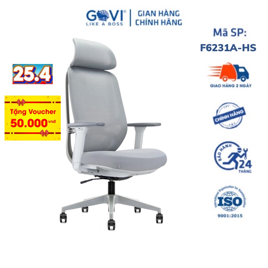 Ghế công thái học Ergonomic GOVI Felix F6231A-Thiết kế tựa đầu điều chỉnh độ cao, tựa tay 3D nâng hạ, mâm ghế ngả 135 độ