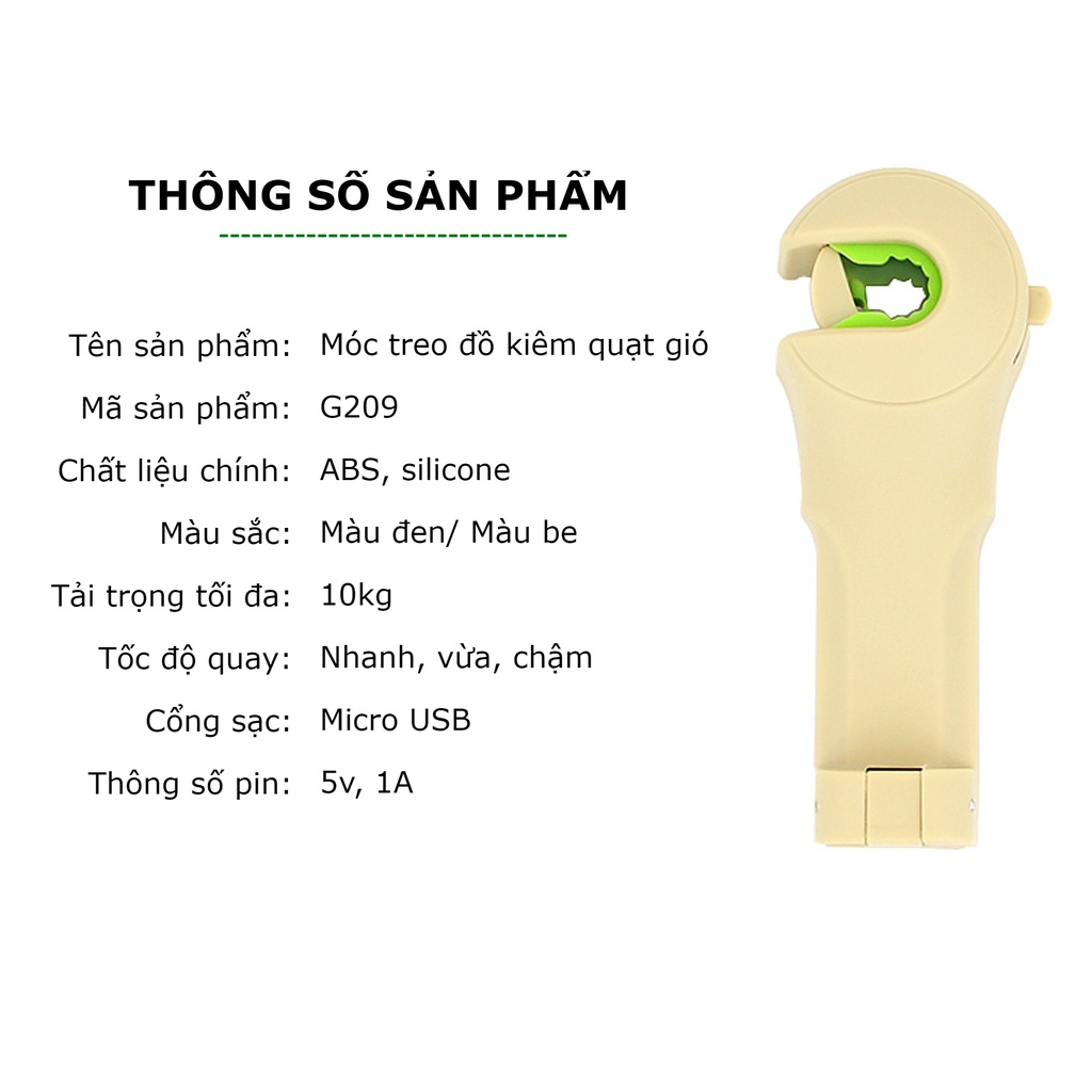 Móc treo đồ ô tô kiêm quạt treo sau ghế xe hơi có thể sạc và điều chỉnh tốc độ