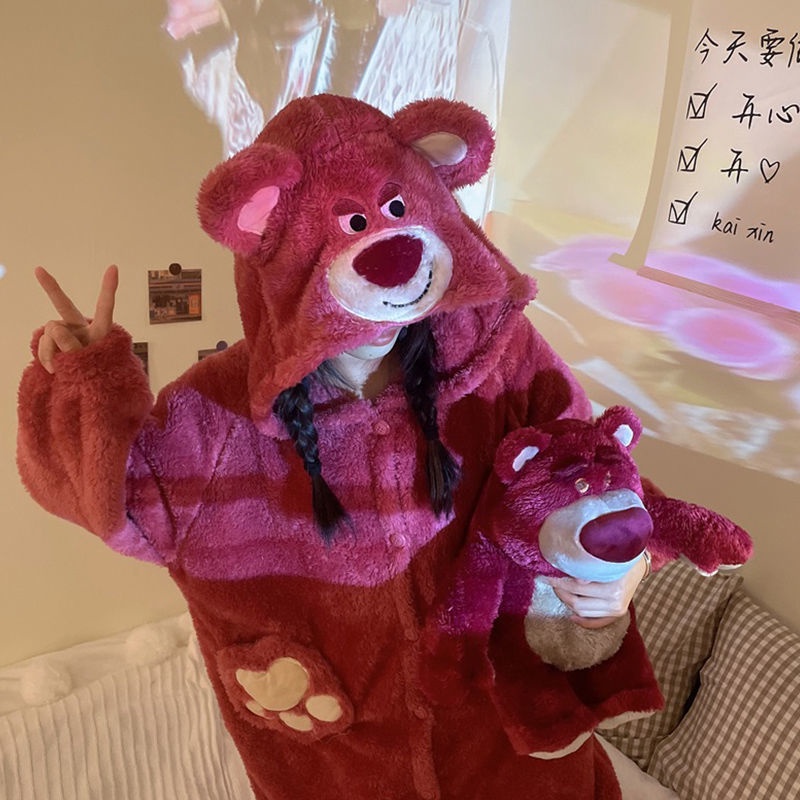 ❤️❤️ Bộ Đồ Ngủ Vải Nỉ Lông Cừu San Hô Dày In Hình Gấu/ Dâu Tây Dễ Thương Thời Trang Mùa Đông Cho Nữ 2023