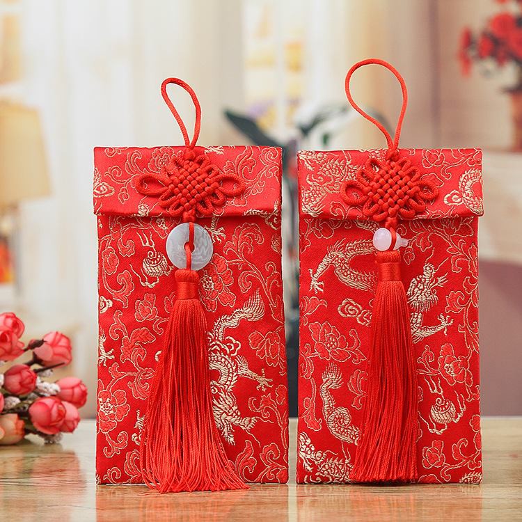 Bao Lì Xì Vải Gấm thêu nổi Rồng Phượng Hoa mai truyền thống