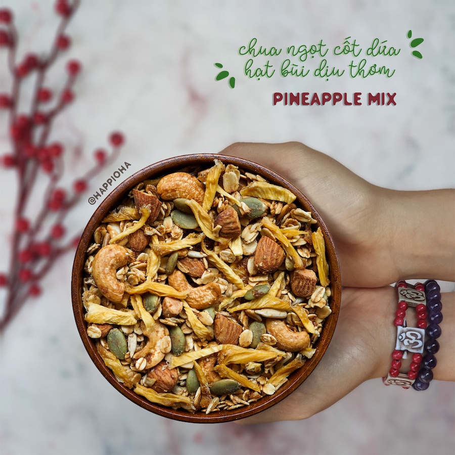Granola Pineapple Mix HAPPIOHA - Ngũ Cốc Ăn Sáng/Ngũ Cốc Ăn Kiêng Không Đường Tinh Luyện Vị Dứa 40g