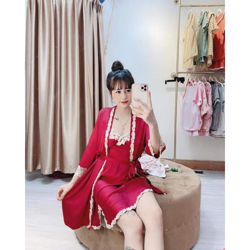 Set đồ ngủ lụa 5 món, bộ ngủ và váy ngủ kèm áo choàng siêu sang cho Nữ(Chất vải lụa mát cao cấp chuẩn hàng Shop bán) | BigBuy360 - bigbuy360.vn