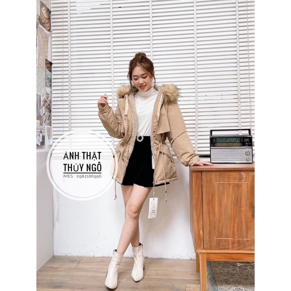 Áo Khoác Parka nữ lót lông mẫu mới 2021 dây rút eo túi ốp sành điệu Ulzzang Lông mũ tháo rời IMES SHOP 1476