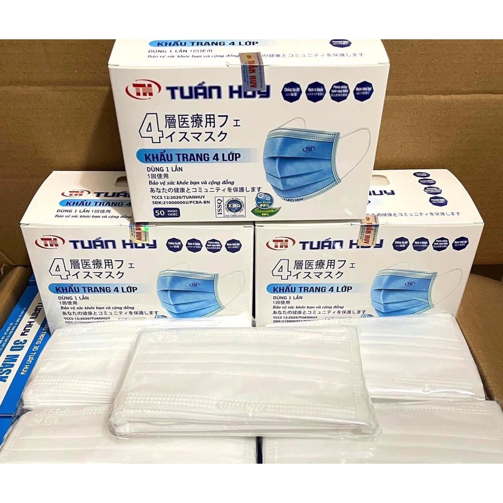 Khẩu trang y tế Tuấn Huy 4 lớp kháng khuẩn, 50 cái / hộp, xanh, xám, đen, trắng