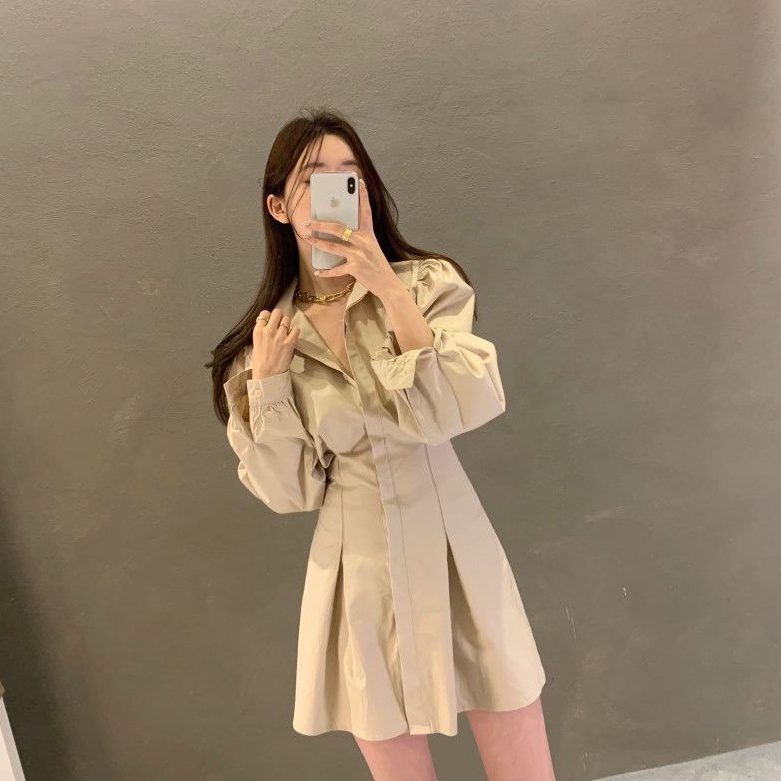 Xiaozhainv Đầm Sơ Mi Lưng Cao Cổ Bẻ Phong Cách Hàn Quốc Quyến Rũ Cho Nữ
