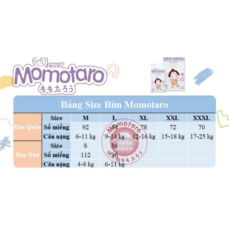 Bỉm tã dán/quần MOMOTARO S112/M96/M92/L84/XL78/XXL72/XXXL70