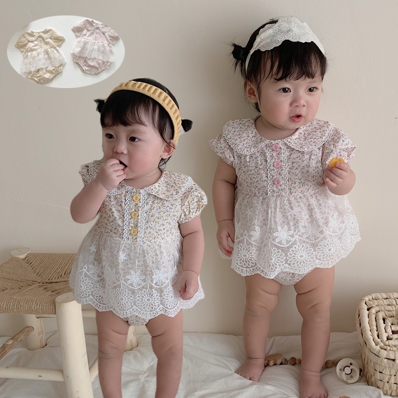 Áo Liền Quần Tay Ngắn Viền Ren Họa Tiết Hoa Thời Trang Mùa Hè Cho Bé Gái