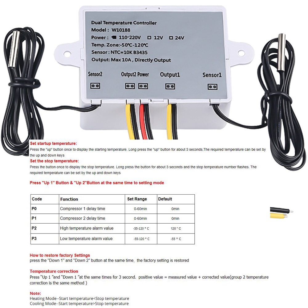 Bộ Điều Khiển Nhiệt Độ Kỹ Thuật Số Hai Rơ Le XK-W1088 12V 110-220V