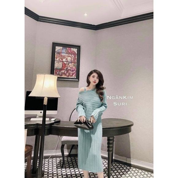 Set váy 2 dây áo len croptop suông sang chảnh che khuyết điểm KFI