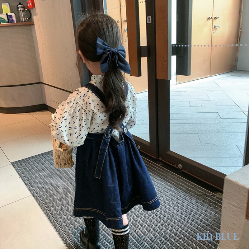 Set Áo Sơ Mi Họa Tiết Hoa Và Đầm Yếm Denim Thời Trang Mùa Thu Cho Bé Gái