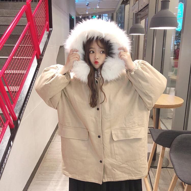 Áo khoác kaki lót lông dày ấm mũ lông trắng đẹp form rộng | BigBuy360 - bigbuy360.vn
