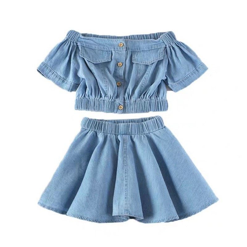 Set áo bẹt vai mix chân váy jean giấy cho bé