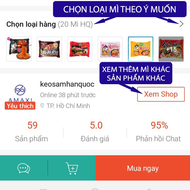 Mì cay Hàn Quốc, Mỳ cay Samyang, Nongshim Indomie Ottogi gói, Neoguri khô nước, topokki, tương đen không gia vị Amaxi .