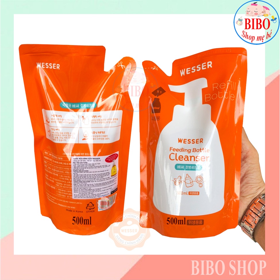 [Mẫu mới] Nước Rửa Bình Sữa Wesser Rửa Rau Củ Và Phụ Kiện, An Toàn Cho Bé 500Ml Dạng Túi