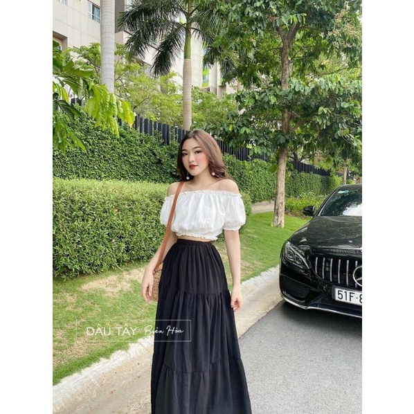 Set áo bẹt vai chân váy maxi