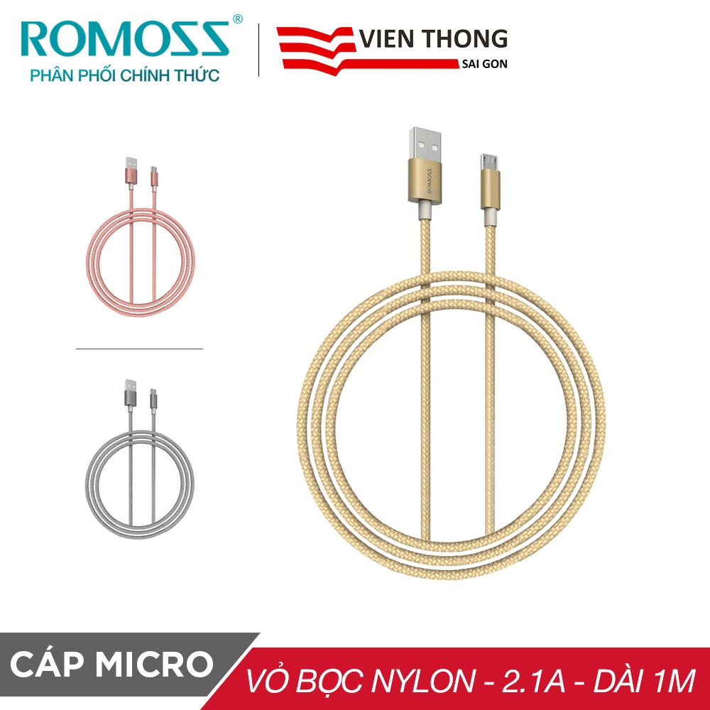 [Mã BMLT35 giảm đến 35K] Cáp sạc nhanh micro USB Romoss CB05n bọc nylon dài 1m / Sạc nhanh 2A cho Android (Yel)