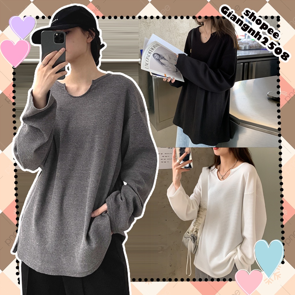 SUA002 Áo thun nam nữ cổ tròn khoét dài tay đen xám trắng Ulzzang Áo phông trơn trẻ trung dáng rộng Hàn Quốc hot cute