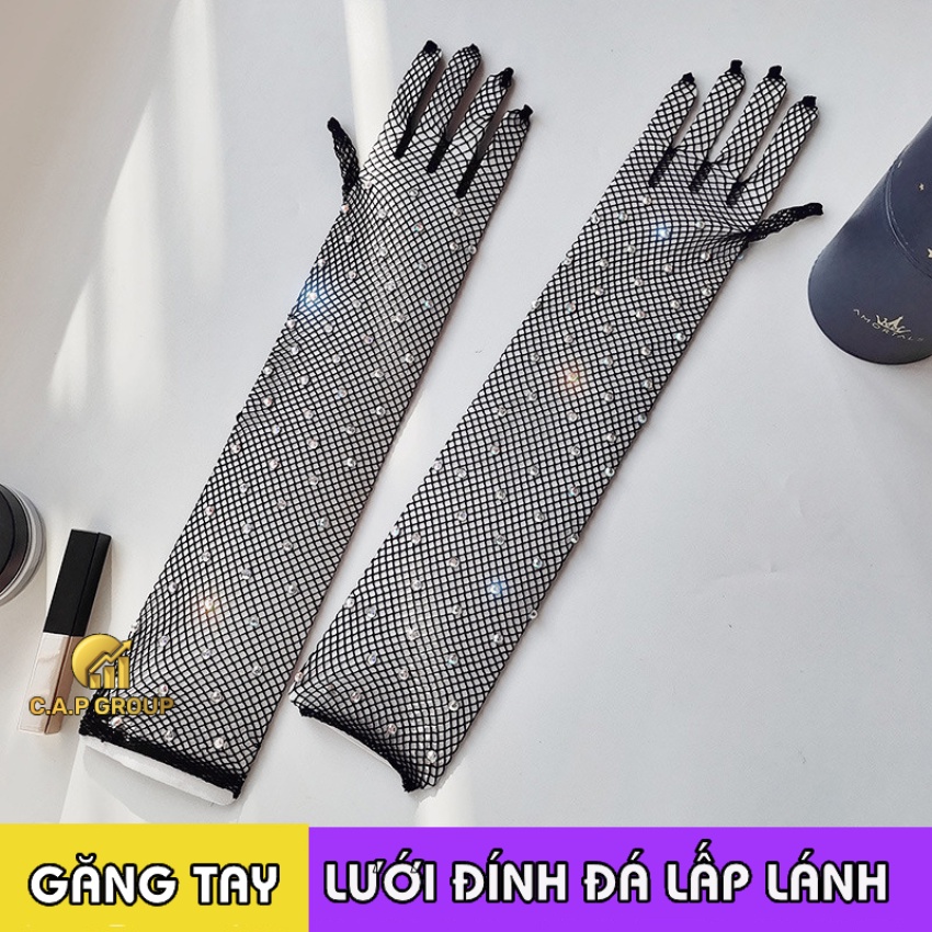 Găng tay lưới đính đá bling bao lưới đen ren thời trang sexy chụp ảnh dự tiệc đi diễn mặc đầm