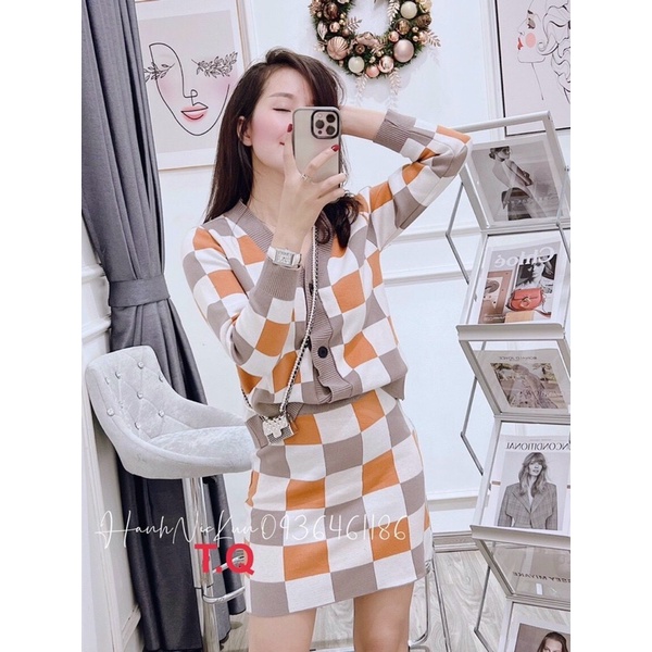 Set áo len cadigan kèm chân váy len QC cao cấp