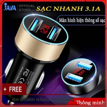 (RẺ VÔ ĐỊCH)Tẩu Sạc Nhanh Ô Tô - Sạc điện thoại trên ô tô - Tương thích nhiều thiết bị - 2 cổng USB - Màn hình led