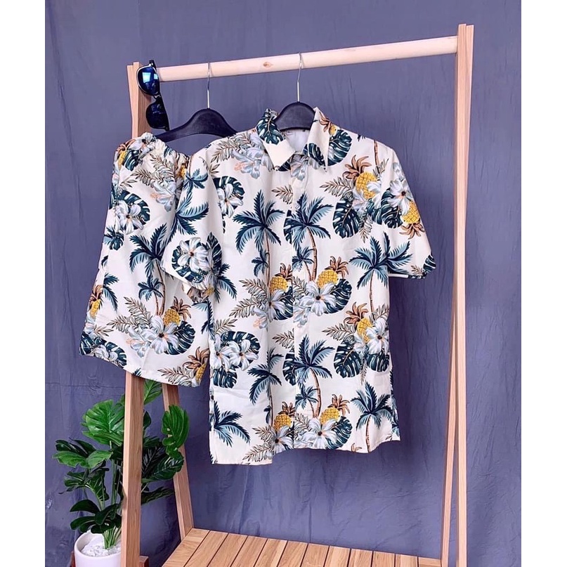 45kg-100kg Set Đồ Bộ Hawaii Họa Tiết Thơm Dừa Mùa Hè