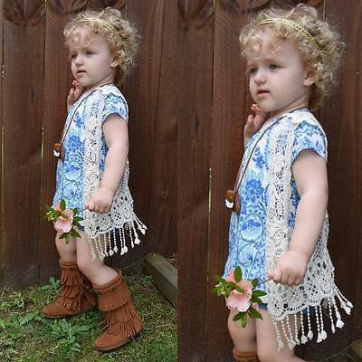 ❤XZQ-Baby Girl Toddler Kid Crochet Lace Hollow T-shirt Top Vest Tassel Cover Up