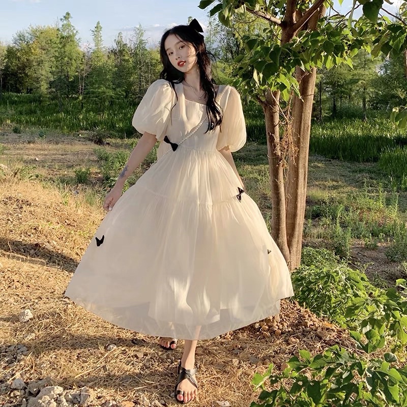 Đầm Babydoll Maxi Đính Nơ Ngắn Tay Dễ Thương