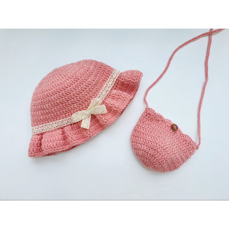 Set mũ vành bèo kèm túi đeo xinh xinh cho bé - Set mũ vành màu hồng vỏ đỗ cho bé từ 6 tháng - 3 tuổi