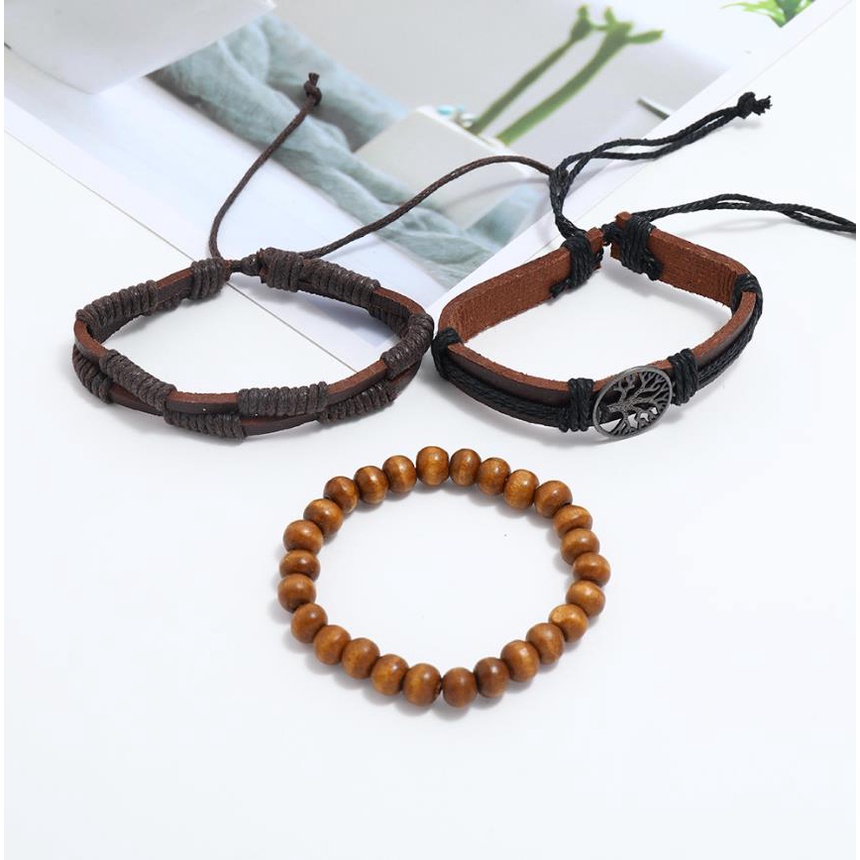 Bộ 3 Vòng Tay Da Bện Phối Mặt Hợp Kim Hình Cây Đơn Giản Phong Cách Vintage Cho Nam