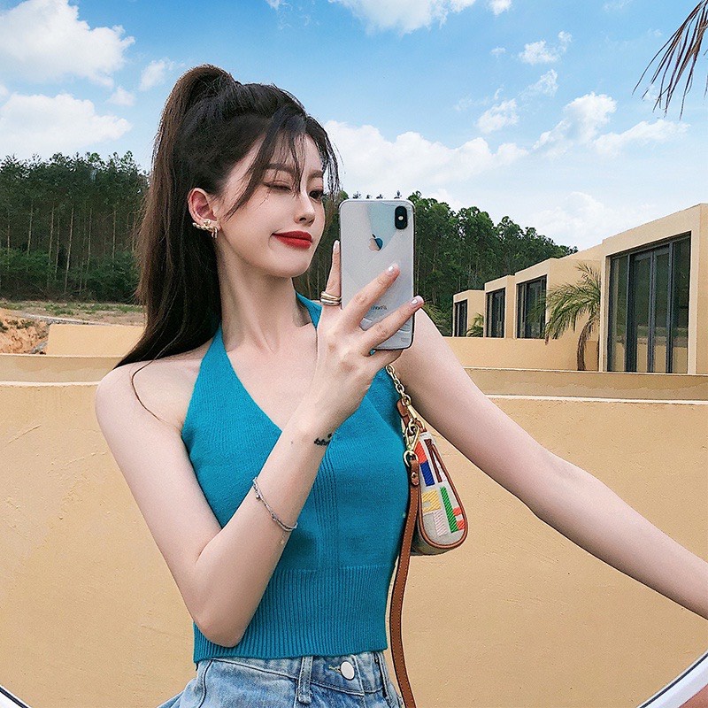 Áo Croptop Nữ Chất Len Mỏng Diệt Kim Siêu Thoáng Hai Dây Thắt Nơ Sau, Cổ V Thời Trang Gợi Cảm V12