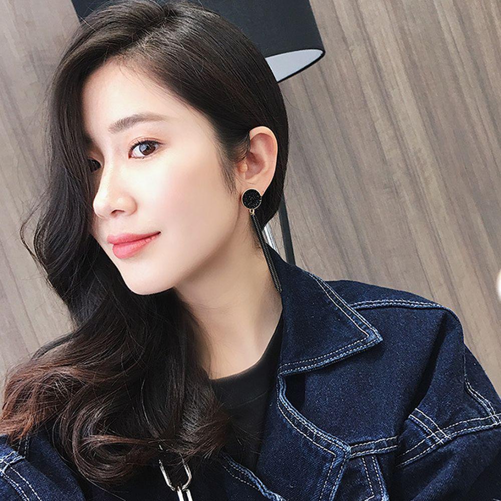 VANES1 Bông Tai Dáng Dài Mặt Hình Tròn Màu Đen Thời Trang Sang Trọng Cho Nữ