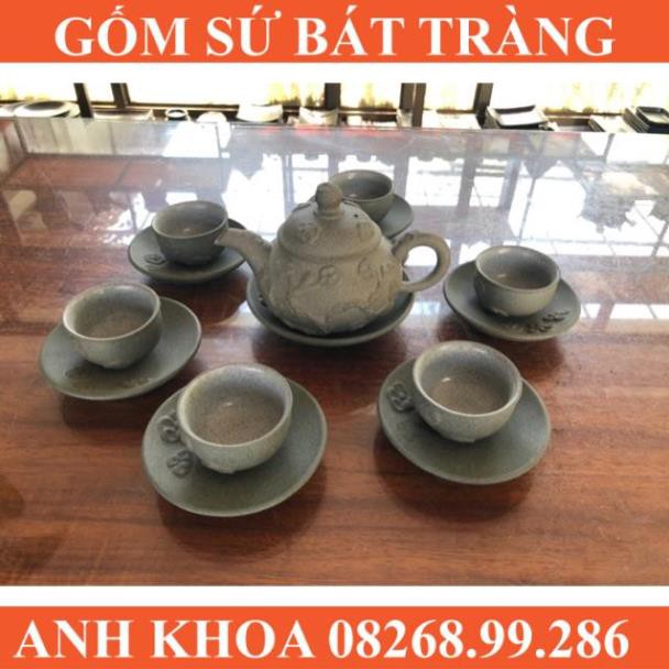 Ấm chén hồng sa khắc hoa Bát Tràng - Gốm sứ Bát Tràng Anh Khoa