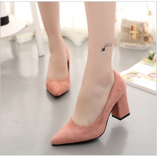 Giày cao gót đế vuông, da lộn 7cm