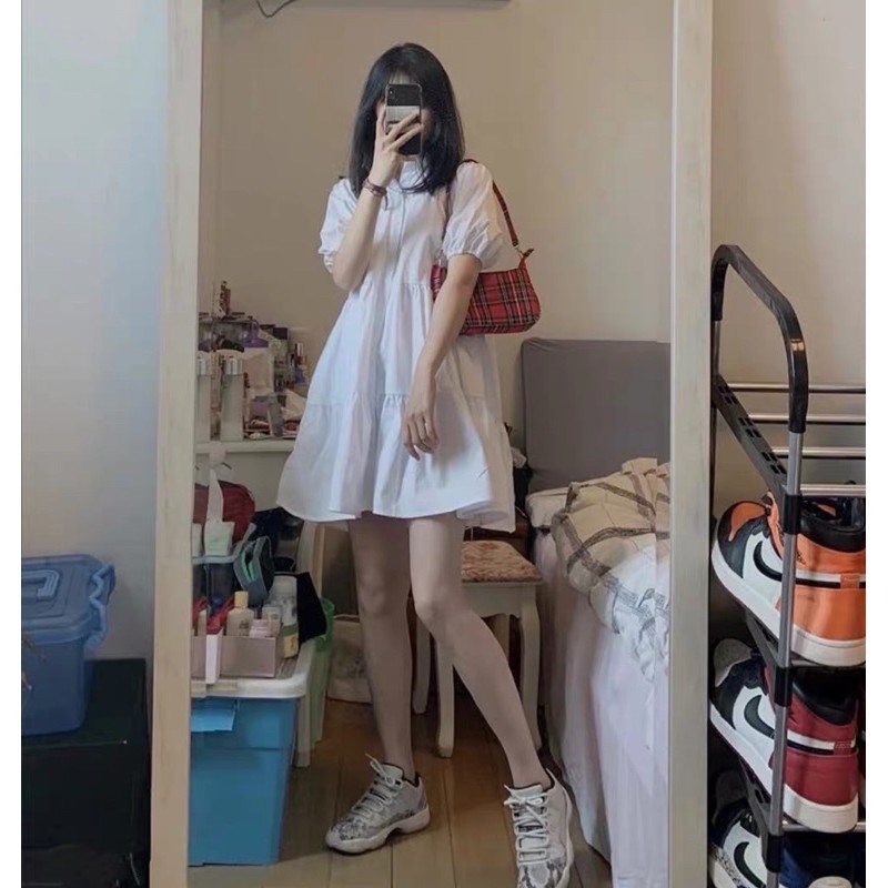 Váy babydoll trắng cổ đức - Đầm sơ mi ulzzang siêu hot