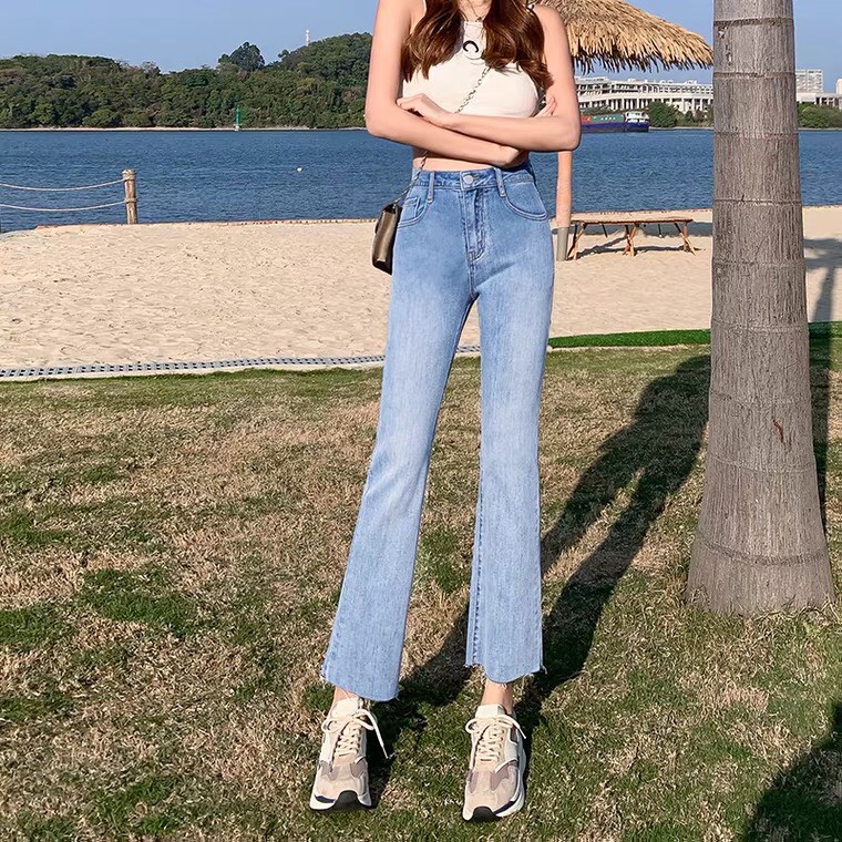 Quần bò jean nữ ống loe đứng rộng suông co giãn jeans cạp cao cao cấp Hottrend 2022 VAVASA QJ25