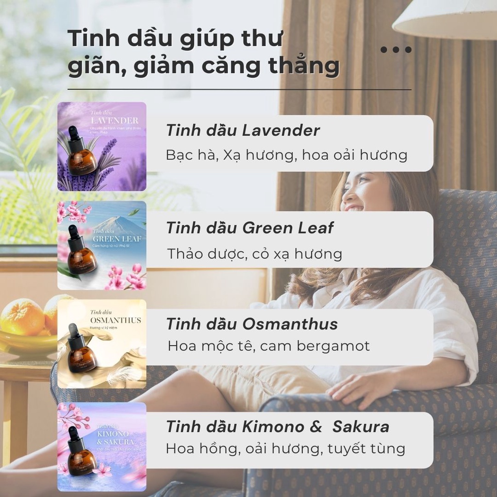 Tinh dầu thiên nhiên Sasana, tinh dầu nước hoa thơm phòng cao cấp, hương thơm thư giãn, khử mùi, giảm stress, ngủ ngon