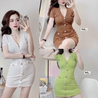Đầm bodycom cổ v đính nút siêu sang - đầm đi tiệc đi chơi