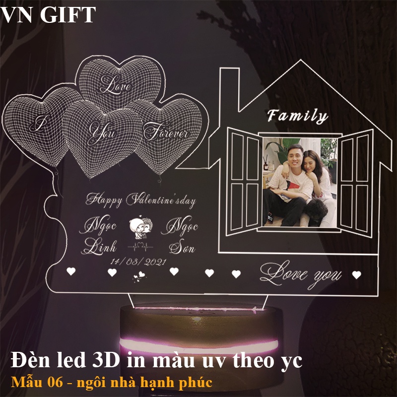 Đèn led 3D in màu theo yc mẫu ngôi nhà hạnh phúc