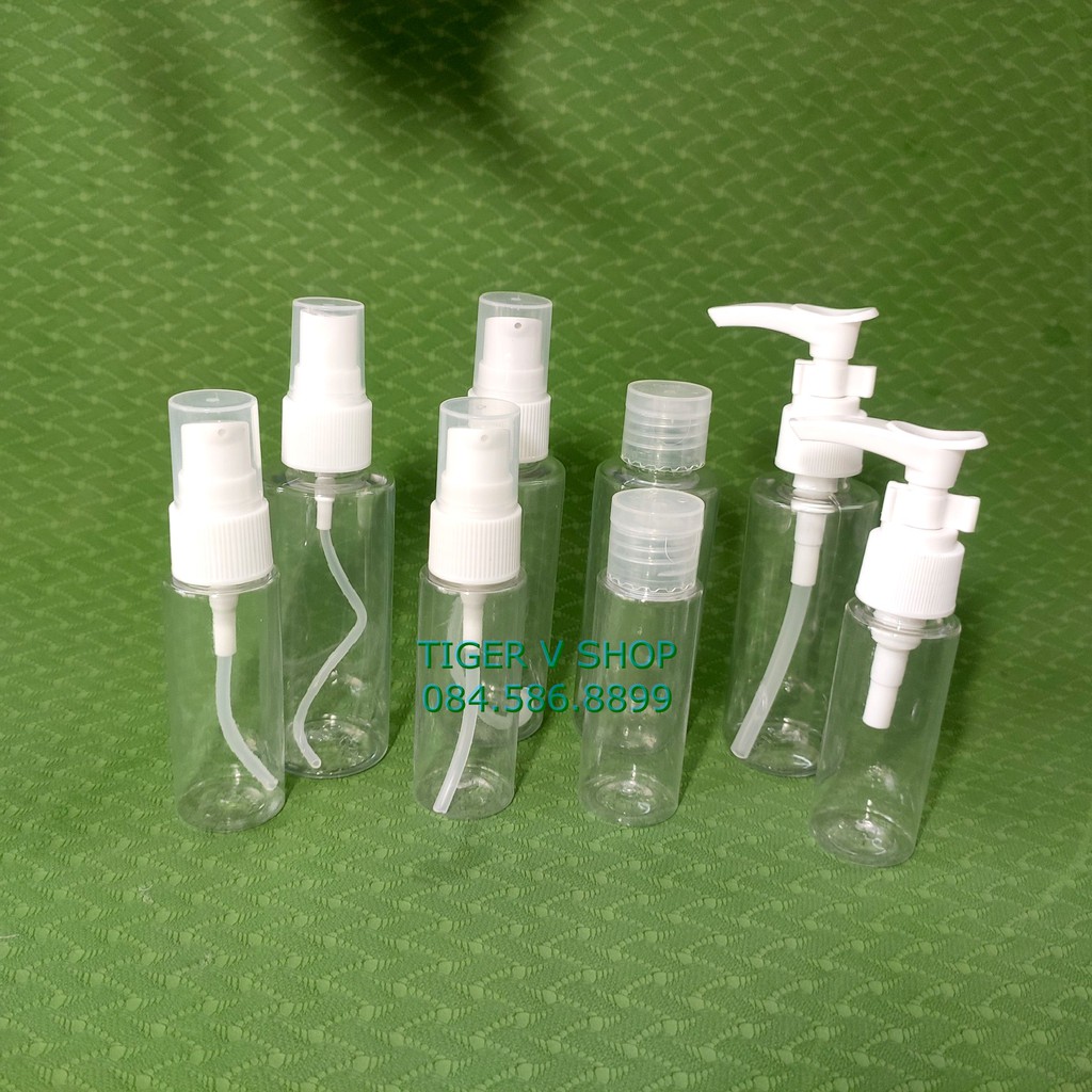 Chai pet nhựa trong 60ml vai ngang vòi nhấn, vòi phun sương, vòi xịt giọt, nắp bật