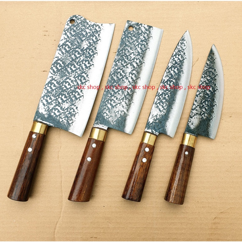 Bộ 4 dao bếp cán gỗ mun , rèn thủ công từ nhíp xe