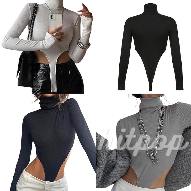 Bộ áo liền quần tay dài cổ rùa màu trơn màu đen/xám/trắng gợi cảm cho nữ
 | BigBuy360 - bigbuy360.vn